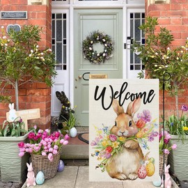 CROWNED BEAUTY Easter Bunny Garden Flag 12x18 Inch Double Sided for Outside Small Burlap Holiday Floral Welcome Yard Flag CF1802-12