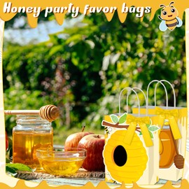 MotiMind 24 Pcs Honey Bee Gift Bags with 48 Pcs Yellow Bow Bee Paper Candy Bags with Handles for Themed Party Favor Birthday Baby Shower Decoration Supplies