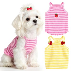 UETZLTB 2 Pack Dog Shirts for Small Dogs Cute Girl Dog Clothes Strawberry Stripe & Polka Dot Puppy Tshirt Summer Sleeveless Pet Tank Top Breathable Doggy Outfits Cat Chihuahua Yorkie Shih Tzu Clothes