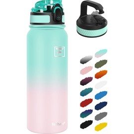 Fanhaw 20 oz Insulated Stainless Steel Water Bottle with Anti-Dust Chug Lid & Carabiner Lid, Leakproof Vacuum Metal Bottle for Kids, Women & Men (Green Pink)