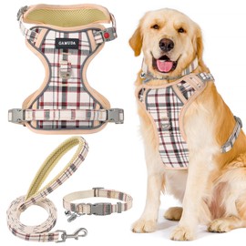 GAMUDA Dog Harness Collar and Leash Set, Dog Harness, No Chock No Pull Adjustable Vest Harnesses Plaid Reflective for Medium Dog, Cat, Small Horse, Small Bull and Pig (Beige, M)