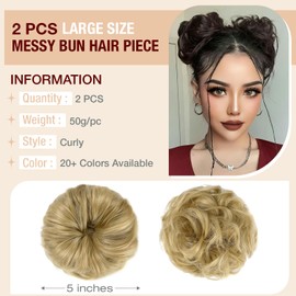 Qunlinta 2 PCS Large Messy Bun Hair Piece, Thick Wavy Curly Hair Bun Scrunchies Extensions Synthetic Chignon Updo Hairpieces for Women Girls Ash Blonde
