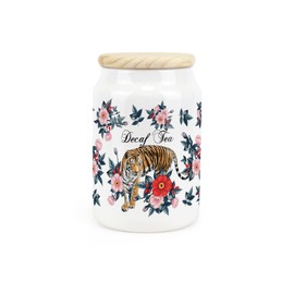 Purely Home Tiger Decaf Tea Ceramic Storage Canister - Pink & Red Floral Ceramic Kitchen Food Storage Container & Wooden Lid 600ml (14.5cm x 9.5cm)