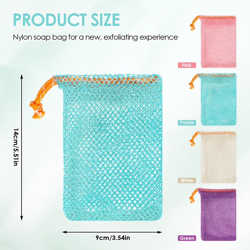 Pack of 4 Nylon Soap Bags, Colourful Soap Bags with