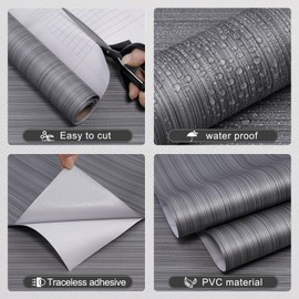 HorryHaus Grasscloth Peel and Stick Wallpaper Textured Thick Fabric Linen Self-Adhesive Vinyl Contact Paper Dark Gray/Black Waterproof Wall Paper for Shelf Linen, Bathroom, Bedroom 15.7"x1181"