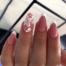 White French Tip Press on Nails Medium Almond Fake Nails Full Cover Acrylic False Nails Flower Summer Glue on Nails Cute Flower Stick on Nails for Women Girls Manicure Kit 24Pcs