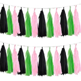 Black Pink and Green Tissue Paper Tassels Party Tassel Garland Banner for Green Pink Party Decorations, DIY Kits,15PCS