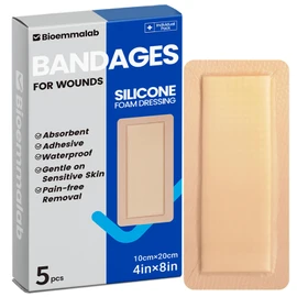 Large Waterproof Bandages 4x8 Silicone Foam Dressing for Sensitive Skin Wound Care, Adhesive Cohesive Pad with Border for First Aid, Post Surgical and Burn, Pressure, Scar Healing (5 PCS)