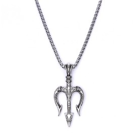 QKEOISUD Poseidon Trident Pendant Punk Necklace, Vintage Stainless Steel Rock Hip Hop Chain Ancient Greek Talisman Birthday Jewelry Men's Gift (Silver)