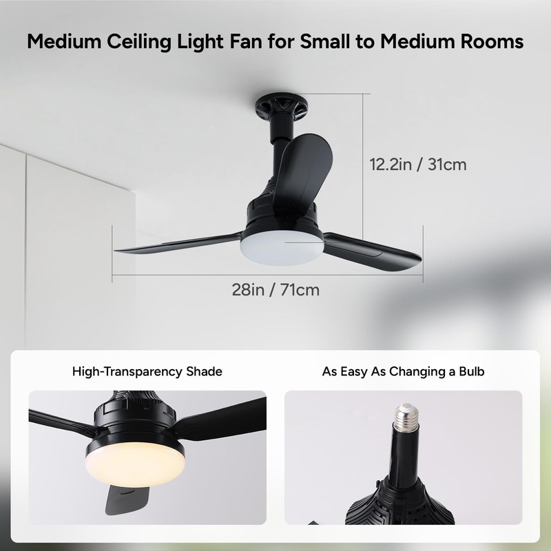 Faryuan 28" Small Ceiling Fans with Lights and Remote, Black