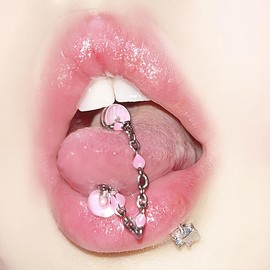 Hanfluenve Colorful Stainless Steel Tongue Studs 0.4 inch Gothic Piercing Chain Unique Statement Tongue Rings for Women Trendy (Pink)