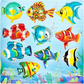 Fish Balloons for Kids Party, 10PCS Large Tropical Fish Foil Balloons Ocean Animal Balloons for Birthday Ocean Themed Decoration