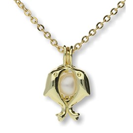Pearlina Dolphins Cultured Pearl in Oyster Necklace Set Gold Plated Cage w/Stainless Steel Chain 18"