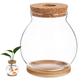 Desktop Fish Bowl Clear Glass Small Betta Fish Tank with Wood Lid and Bamboo Stand Table Hydroponic Plants Terrarium for Home Office Decoration 13 * 14cm
