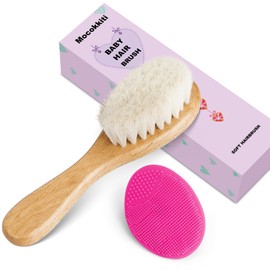 Mocokkiti Baby Hair Brush, Goat Bristles Brush and Rose Red Baby Silicone Brush Set for Cradle Cap Wood Bristle Brush for Newborns and Toddlers (2 Piece)