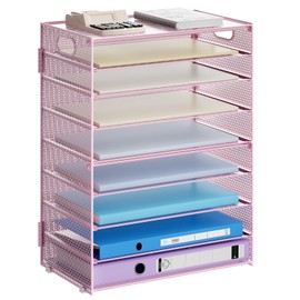 Marbrasse Paper Organizer Letter Tray, 9 Tier Mesh File Organizer with Handle, Paper Sorter Desk Organizer for Home Office Supplies - Pink