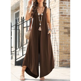 Happy Sailed Summer Jumpsuits for Women Overalls Casual Sleeveless V Neck Ruched Oversized Loose Stretchy One Piece Wide Leg Jumpsuit Romper Outfits Brown Large