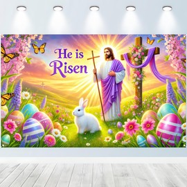 BlissYard Happy Easter Banner 71x43 Inch He is Risen Easter Backdrop Spring Christian Cross Lily Jesus Photography Background Religious Party Decorations Photo Banner Booth Studio Props