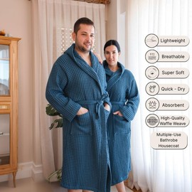 Viva Maison Luxury Waffle Robe with Hooded Unisex for Womens & Mens, 100% Turkish Cotton Bathrobes, Soft Comfortable Type Housecoats, Light Waffle Lounge Robes (S/M Size, Indigo)