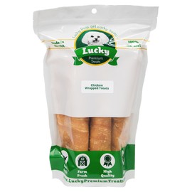 Lucky Premium Treats Chicken Wrapped Rawhide Dog Treats, All Natural Gluten Free Dog Treats, Bullsticks for Large Dogs, 10 Chews