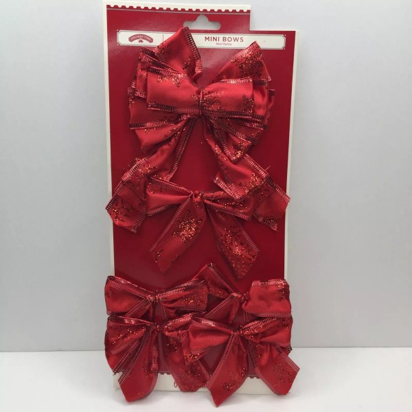 Holiday Time 6 Red Glitter Bow Snowflake Wire Edge Mini