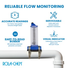 Rola-Chem 570381-T Flowmeter for 4 in. PVC Pipe, Horizontal Installation (Top Mount) 175–500 GPM, 4" PVC/Galv Pipe — Accurate Flow Rate Measurement for Swimming Pools