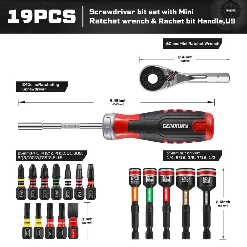 Geinxurn Ratcheting Screwdriver Set, Rachet wrench, Rachet bit Handle and