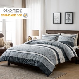Finlonte Queen Comforter Set, Striped Queen Comforter Bedding Set, Cotton Fluffy Cozy Comforter, Luxury Minimalist Lightweight Quilted Comforter All Season, Grayish-Blue/White, 90"x90"