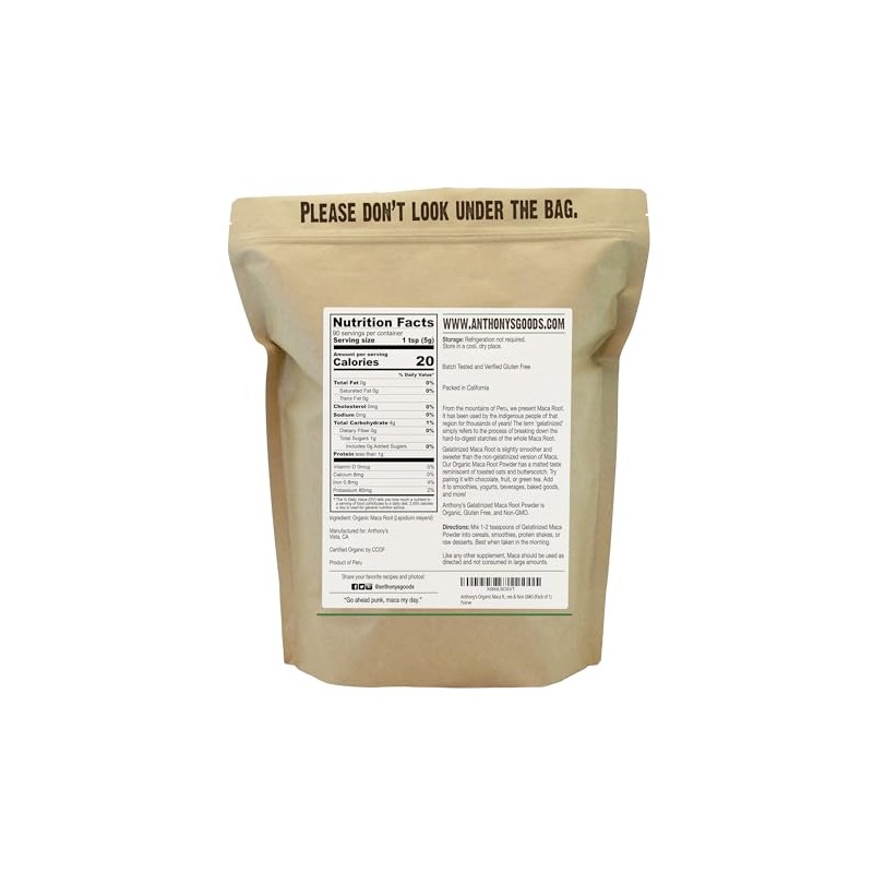 Anthony's Organic Maca Root Powder, 1lb, Gelatinized for Enhanced Bioavailability,