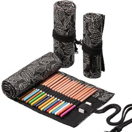 Misgirlot Pencil Roll Wrap,Drawing Coloring Canvas Pencil Roll 36/48/72 Slots Artist Pencil Wrap (Pencils are NOT Included) Pencils Pouch Case Canvas Stationery(Black Leaves,72 Slots)