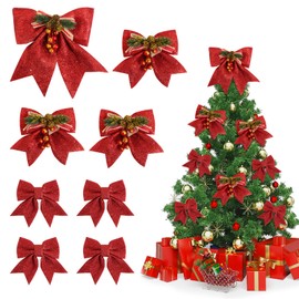 BOFUNX Pack of 8 Christmas Bows Red Glitter Christmas Bows Decoration Christmas Tree Bows Christmas Tree Decorations for Christmas Tree New Year Decorations