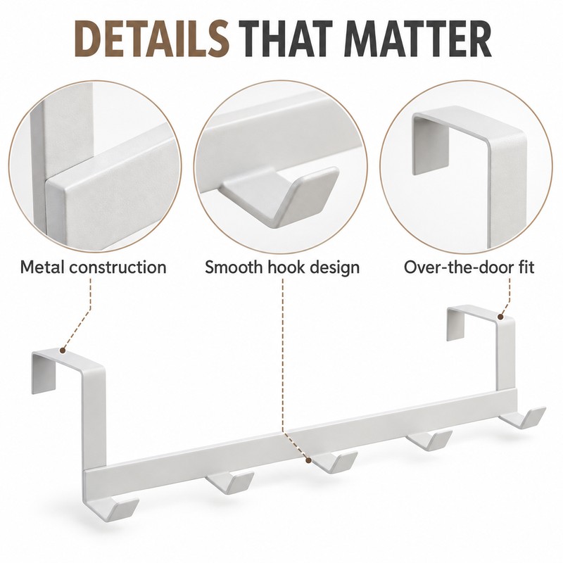 Over The Door Hook Hanger – 5-Hook Metal Door Organizer