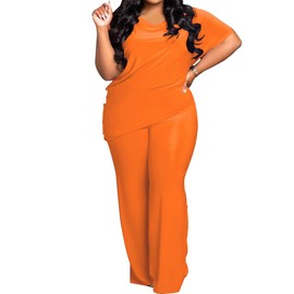 TOPSRANI Womens Plus Size Two Piece Outfits Sweatsuits Tracksuit V-Neck Short Sleeve Loose Baggy Wide Leg Long Pant Sets with Pockets Orange 2XL