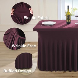 2pk Burgundy Spandex Tablecloths 6ft for Rectangle Tables, Wrinkle Free Classy Table Skirt Stretchy Fitted Table Cloths Covers 6 Foot for Weddings Birthday Party Events Banquette Baby Shower