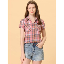 Allegra K Women's Cotton Classic Button Down Western Plaid Shirt Medium Light Pink