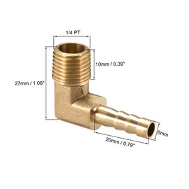 sourcing map Brass Barb Hose Fitting, 90 Degree Elbow 6mm Barbed to 1/4 PT Male Pipe Adapter Connector 2pcs