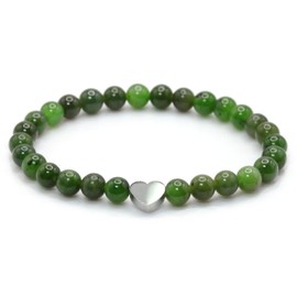 Echtes Nephrit Edelstein Armband mit 6mm Perlen und Edelstahlherz - verschiedene Längen - Heilstein Schutzstein Talisman Glücksbringer Geschenk (Nephrit, 22CM)