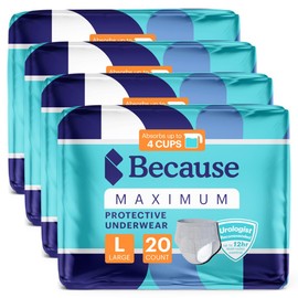Because Maximum Incontinence Underwear for Men - Heavy Bladder Leak Protection, Ideal for Overnight Leakage, Sleek, Invisible Fit, Grey, Large - Absorbs 4 Cups - 80 Count (4 Packs of 20)