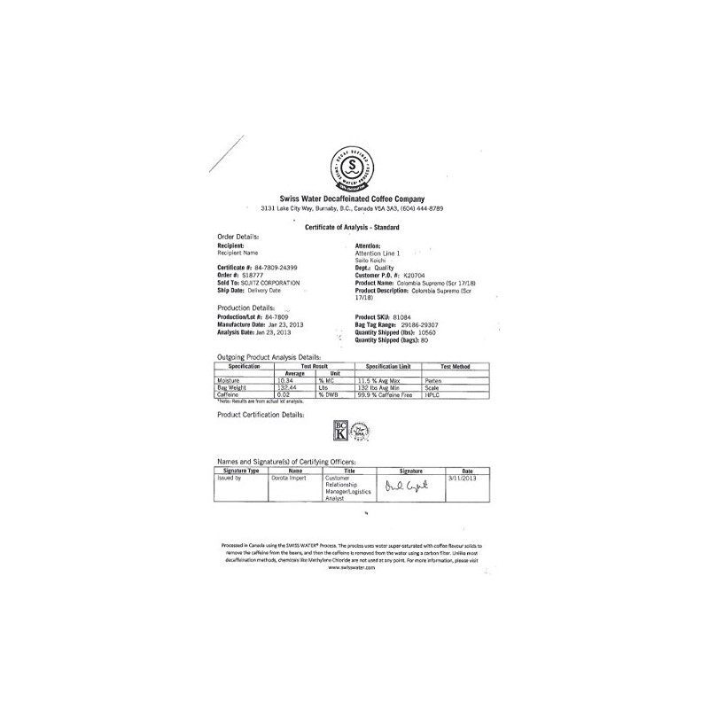 Cuts over 97% raw beans! Caffeinated Coffee (Colombia) 17.6 oz