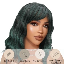 Isshin Beauty Green Synthetic Bob Wig with Bangs: Short Curly Wavy Cosplay Wig for Fashionable Women for Costume Party and Daily Use