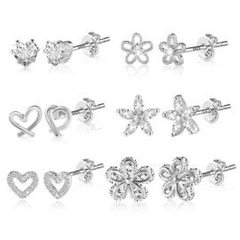 ALEXCRAFT 925 Sterling Silver Post Stud Earrings Set for Women Girls, 14K White Gold Plated Minimalist Piercing Earrings Twist Heart Cinquefoil Flower Zirconia Studs Earring(6 Pairs)