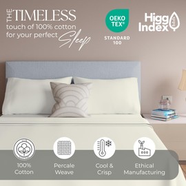 SUPREME ELEGANCE King Fresh Ivory 100% Cotton Sheet Set, Lightweight & Breathable, 4Pc Cool & Crisp Percale Bedding Set with Deep Pocket (1 Flat Sheet, 1 Fitted Sheet, 2 Pillowcases)