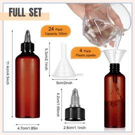 Barydat 24 Pcs Squeeze Bottle Twist Top Applicator Bottles Empty Hair Oiling Bottle with 4 Funnels Refillable Plastic Liquid Containers Plastic Bottles for Liquid Hair Oil Shampoo Lotion (Amber,3 oz)