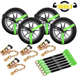 Trekassy Green Lasso Car Wheel Tie Down Ratchet Straps with Premium Chain Anchors 4 Pack