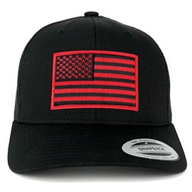 Flexfit American Flag Patch Snapback Trucker Mesh Cap - Black - Black - One Size