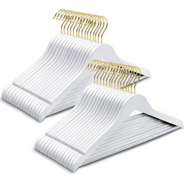Amber Home 20 Pack Solid Wood Suit Coat Hangers, Smooth White Finish Wooden Dress Hangers with Non Slip Pant Bar, Clothes Hangers with Gold Hook & Notches for Jacket, Pant, Shirt (White+Gold, 20)