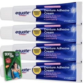 Equate Denture Adhesive Cream 2.4 OZ (68 g) 4 Pack and Vital Volumes Dental Care Tips Card - Bundle