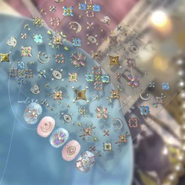 Star Nail Stickers 3D Self-Adhesive Silver Moon Nail Decals 5D Embossed Pink Star Nail Supplies Bohemia Nails Designs Chinese Style Nails Manicure Accessories for Women 1 Sheet