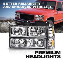 CNNELL Headlights Compatible with GMC 1994-1999 C1500 K1500 Yukon C2500 K2500 Suburban/1994-2000 C2500 C3500 K2500 K3500 Headlight Combination Set(Clear lens Chrome Housing Amber Reflector)