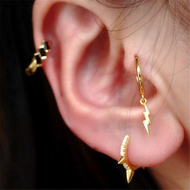 Lightning Bolt Dangle Hoop Earrings for Women Teen Girls 925 Sterling Silver with Charms Huggie Flash Dipped Drop Cartilage Clip Earrings Cute Punk Delicate Fashion Jewelry Gift Best Friend (Gold)